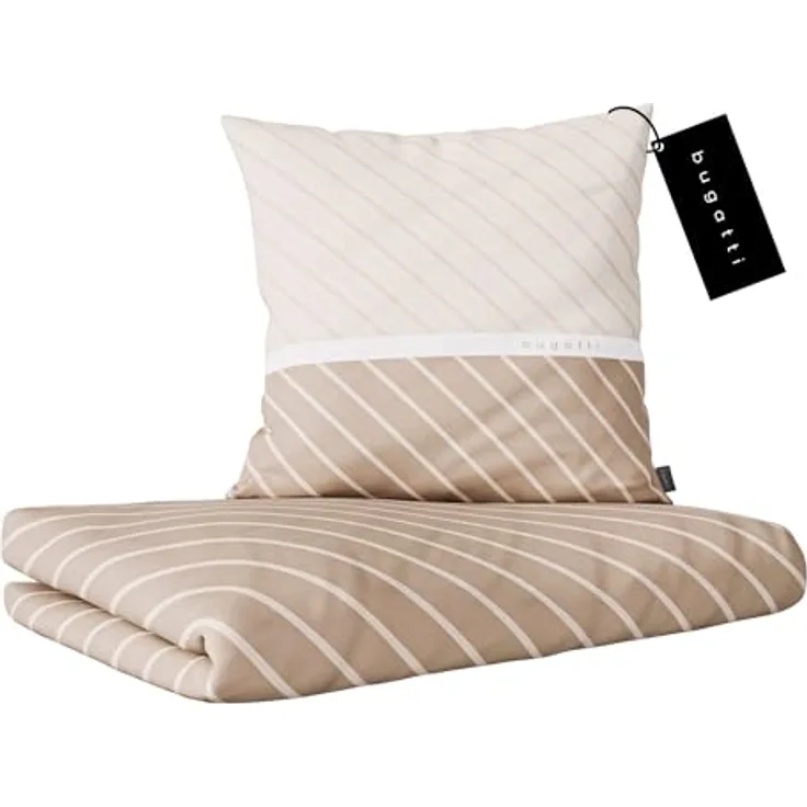 bugatti Bettwäsche 135 x 200 cm, Mako Satinbettwäsche gestreift beige - 100% Baumwolle, weich, waschbar & mit Reißverschluss