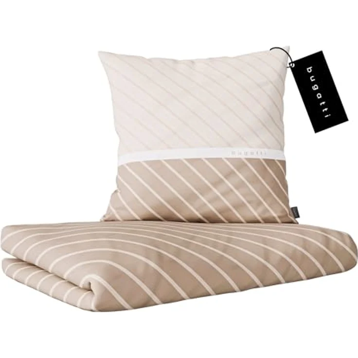 bugatti Bettwäsche 135 x 200 cm, Mako Satinbettwäsche gestreift beige - 100% Baumwolle, weich, waschbar & mit Reißverschluss – Bild 1