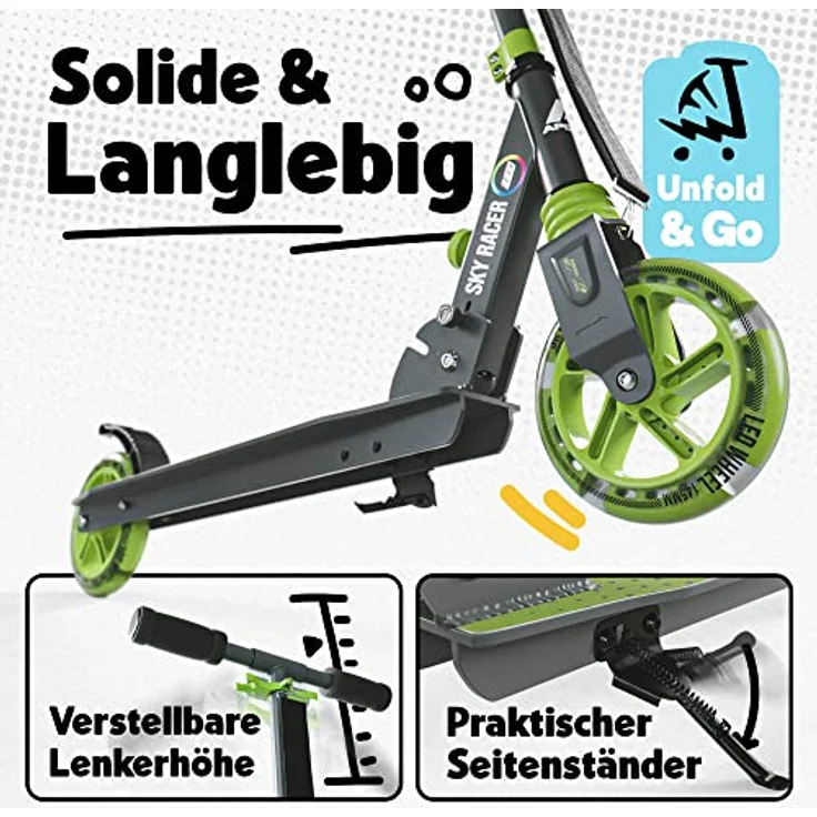 Apollo Skyracer City Roller mit LED Leuchträdern | Roller Kinder 6 Jahre | City Scooter mit Federung | Tretroller für Kinder und Teens | Kinder Roller klappbar und höhenverstellbar, grün – Bild 2
