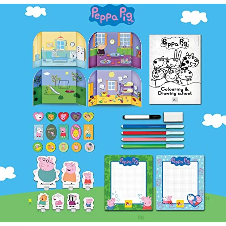 Lisciani Peppa Wutz Mal- und Zeichenschule, Kreativset mit Rucksack, 2 abwischbare Zeichentafeln, 4 doppelseitige Szenarien, 8 Figuren, bunte Stifte, Made in Italy – Bild 6
