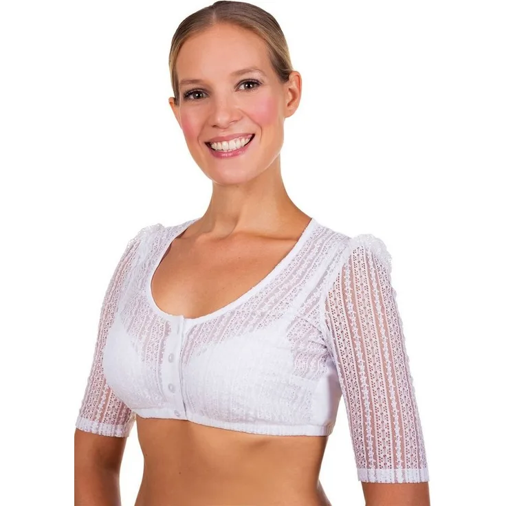Edelnice Dirndlbluse Kassandra, elegante Dirndlbluse mit Spitzenstoff und Perlmutt-Optik, weiß