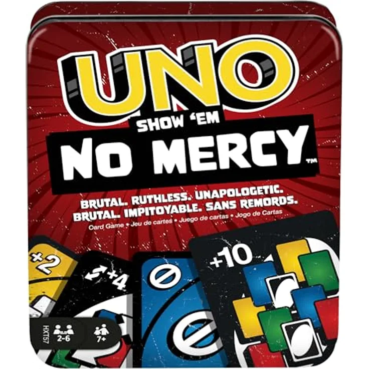Mattel Games UNO Show 'em No Mercy, Kartenspiel mit 56 zusätzlichen Karten, Sonderregeln und härteren Strafen in Aufbewahrungsdose, HXT57