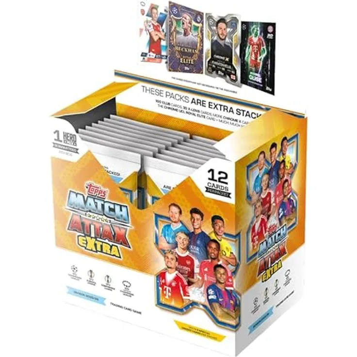 Topps 2025-26 Match Attax Extra UEFA Champions League Booster Display, 32 Boosterpackungen mit 12 Karten und 4 Sonderkarten pro Packung, inklusive 1 Hero Pack, internationale Version