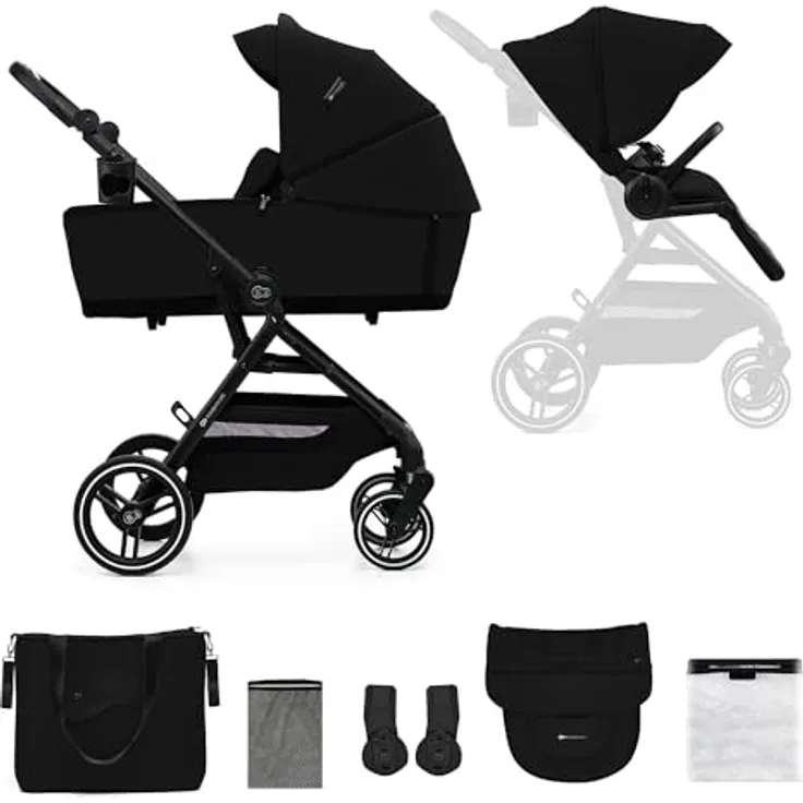 Kinderkraft YOXI 2-in-1 Kinderwagen, Buggy für Neugeborene bis 22 kg, einfach zusammenklappbar, großes, wasserdichtes Verdeck mit UPF50+, undurchdringliche Räder, schwarz, Korb bis 5 kg