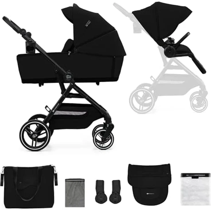 Kinderkraft YOXI 2-in-1 Kinderwagen, Buggy für Neugeborene bis 22 kg, einfach zusammenklappbar, großes, wasserdichtes Verdeck mit UPF50+, undurchdringliche Räder, schwarz, Korb bis 5 kg – Bild 1