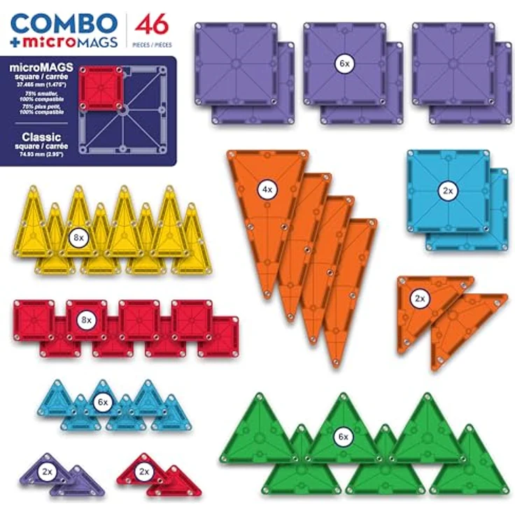 Magna-Tiles MicroMAGS 46-teiliger Kombi-Set, Magnetische Klemmbausteine in Standardgröße und 75% kleineren MicroMAGS, bunt – Bild 2