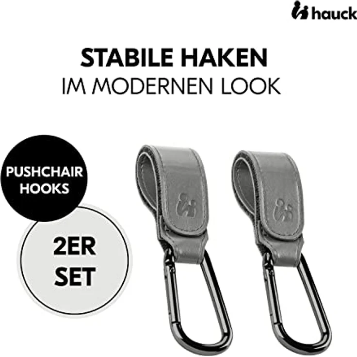 Hauck Kinderwagen Haken für Wickeltaschen - Rucksack Halterung Leder Style, Taschenhalter, Buggy Karabiner, Universale Passform, 2er Packung (Grey) – Bild 2