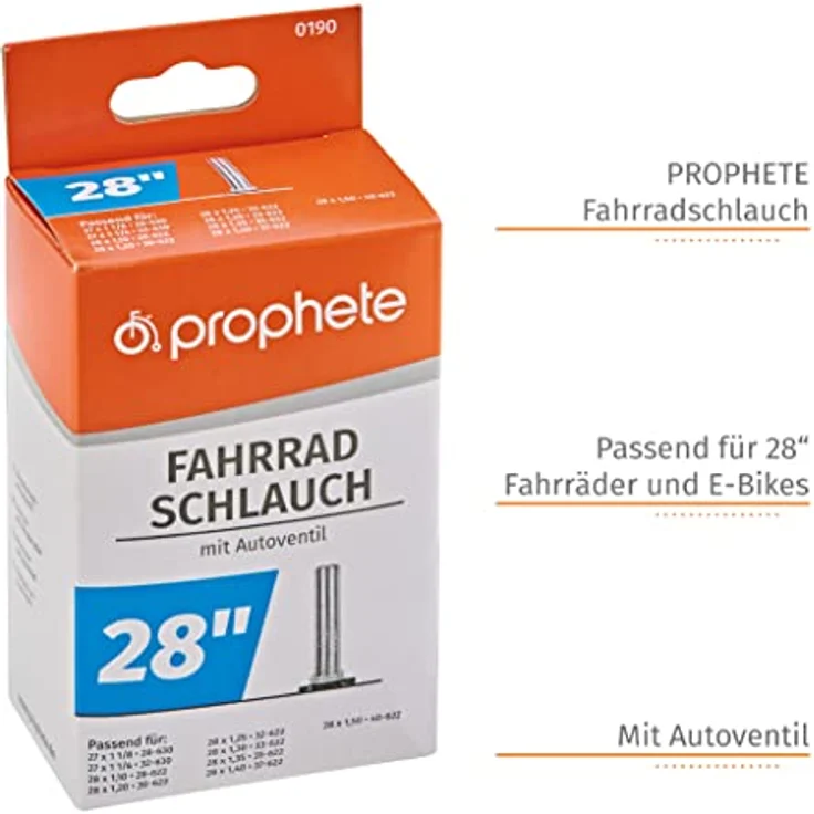 Prophete Fahrradschlauch 28 Zoll / 27 Zoll | Autoventil | ETRTO 28-630, 32-630, 28-622, 30-622, 32-622, 33-622, 35-622, 37-622, 40-622 | geeignet von 27 x 1,125 Zoll bis 28 x 1,5 Zoll, schwarz – Bild 3