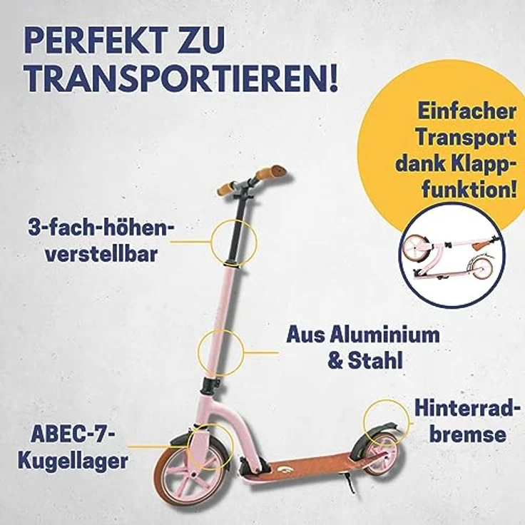 Best Sporting VINTAGE Klapp-Scooter, 230er und 180er Rollen, höhenverstellbar, matt pink, für Erwachsene – Bild 3