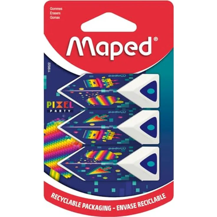 Maped 3 Radiergummis Pyramiden - Präzises Löschen - Pixel Party Serie - weißer Radiergummi - recycelbare Verpackung
