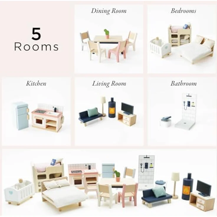 Le Toy Van Wooden Dolls House Full Starter Furniture & Accessories Play Set, 37-teiliges Holzspielset für Puppenhäuser, altersgerecht ab 3 Jahren – Bild 4
