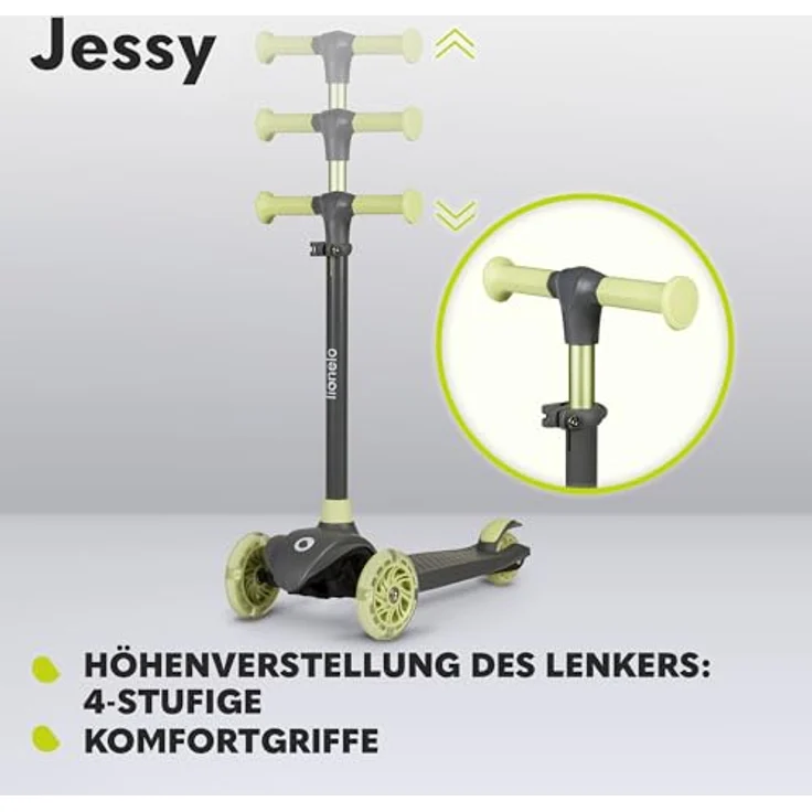 Lionelo Jessy Premium Dreirad-Kinderroller mit LED-Rädern in Blau, Höhenverstellung und Rutschfester Plattform, Faltbarer Kinderscooter ab 3 Jahren bis 50 kg – Bild 4