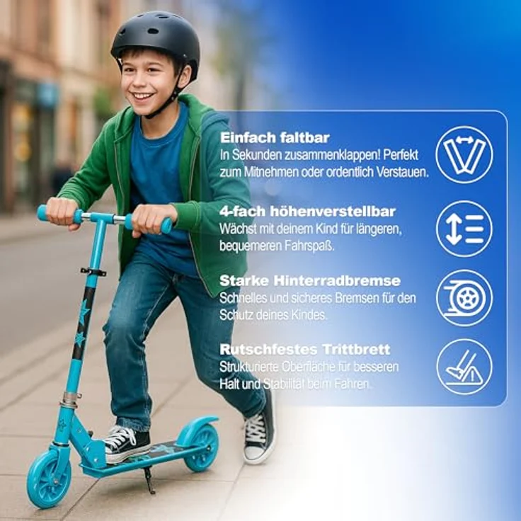 Habib Gruppe Kids Scooter, Mitwachsender Tretroller mit LED-Rädern, klappbar, 4-stufig höhenverstellbar für Kinder 3-10 Jahre, Blau – Bild 4