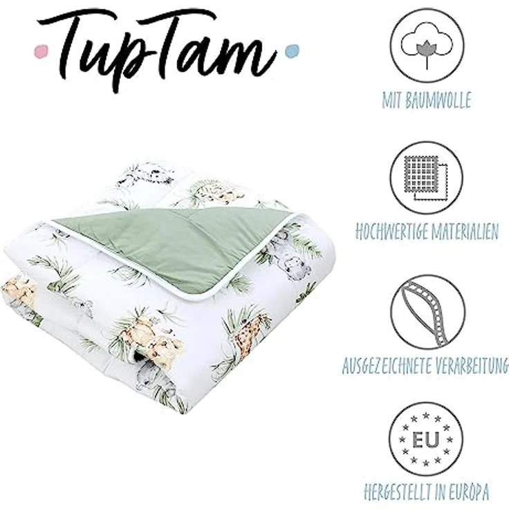 TupTam Krabbeldecke 120x120 cm - Gepolsterte Spieldecke aus Baumwolle, XXL, OEKO-TEX, weich & hautfreundlich, Farbe: Safari/Löwe/Braun/Blätter/Grün – Bild 2