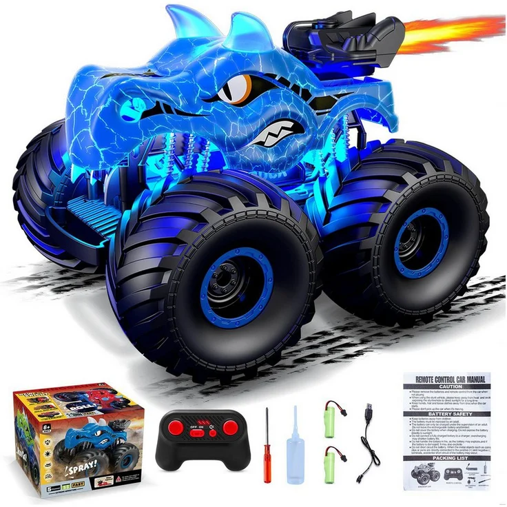 Esun RC-Auto Ferngesteuerter Monstertruck mit Spray, Licht und Sound, ab 3 4 5 6 8 Jahre Mädchen Kinder, mit 2 Akkus