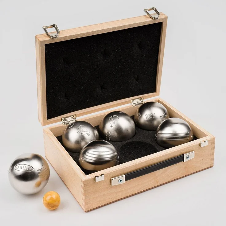 Obut Boule Pétanque, Freizeit-Boule im Holzkoffer, 2x3 INOX-Stahlkugeln, 73 mm, 635 g, Salamander- und Side-Muster