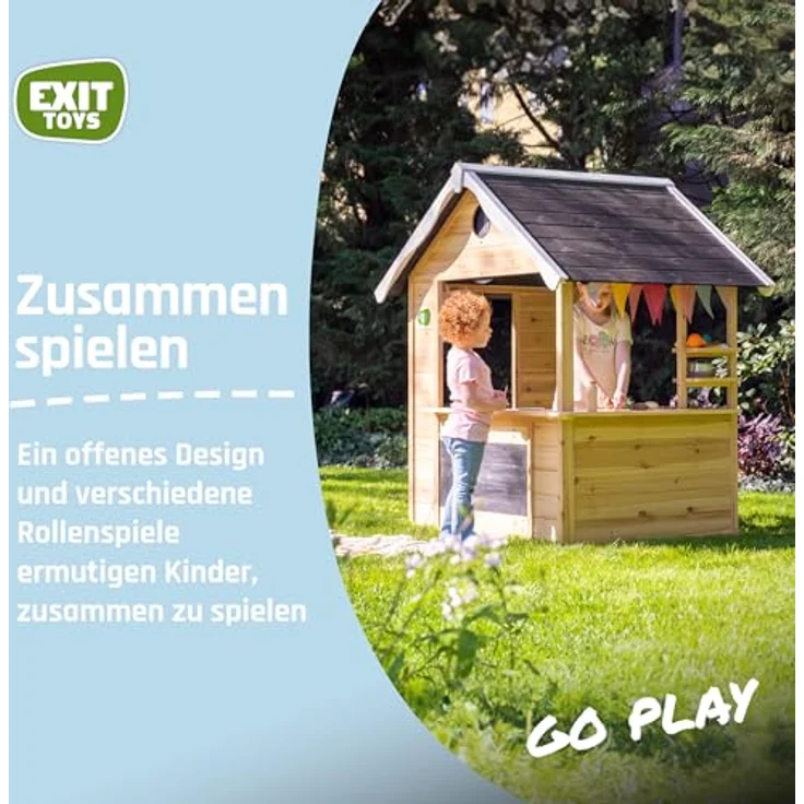 EXIT Toys Hika Holzspielhaus für Draußen, mit Rollenspieldrehrad und 8 Themen, Kreidetafel, Briefkasten, aus 100% FSC-zertifiziertem Zedernholz, 111x140x155cm, für Kinder ab 2 Jahren – Bild 5