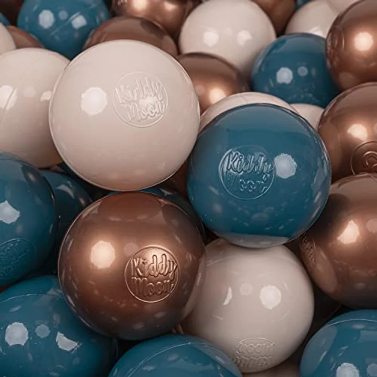 KiddyMoon 200 Bälle, 7 cm Kinder Spielbälle für Bällebad, Dunkeltürkis/Pastellbeige/Kupferrot, BPA-frei, Made in EU – Bild 1