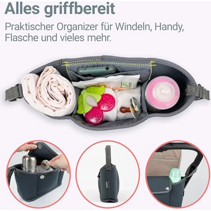 Zamboo Buggy Organizer Universal, Neopren Kinderwagentasche mit Klettbefestigung, 4 Fächern und Getränkehalter, grau – Bild 2