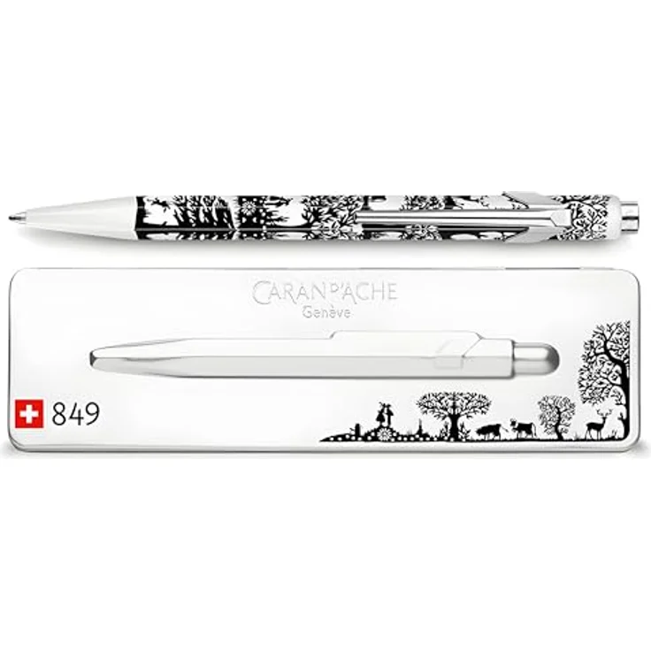 Caran d'Ache 849 Scherenschnitt, Kugelschreiber mit sechseckigem Aluminium-Schaft und Etui (Silber, Schwarz) – Bild 3