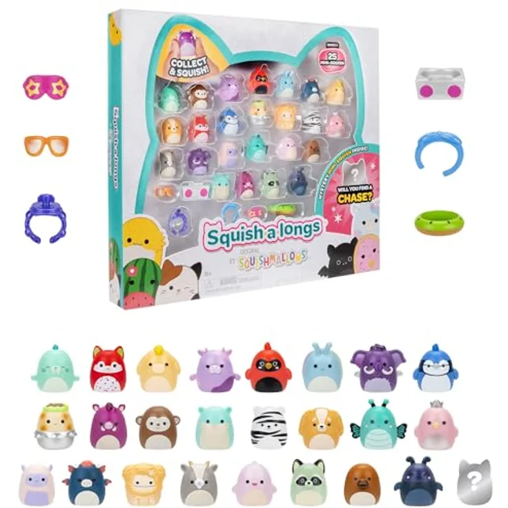 Squishmallows Squish-a-longs, 25 Mini Spielfiguren aus strapazierfähigem PVC mit 5 Accessoires und Sammlerhandbuch, für Kinder ab 6 Jahren