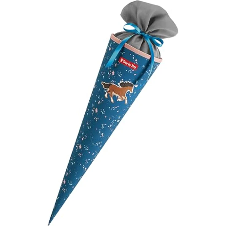 Step by Step Schultüte „Wild Horse Ronja“, aus recycelten PET-Flaschen, Verschluss aus Stoff, 5L Füllvolumen, 70 cm Höhe, blau – Bild 1