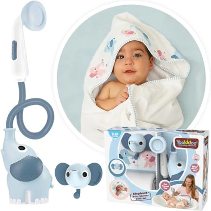 Yookidoo Duschkopf für Baby-Badewanne, Elefanten-Wasserpumpe mit 2 Knopf-Wasserflusskontrolle, Cloudy Blue – Bild 2