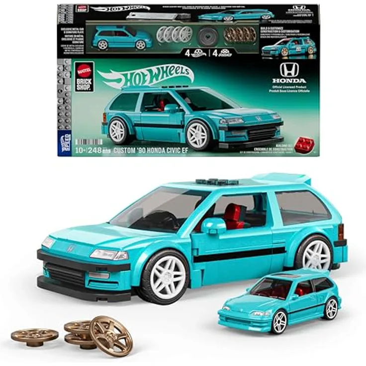 Mattel Brick Shop Hot Wheels Speed Serie Bauset, Custom ’90 Honda Civic EF im Maßstab 1:32, 248 Teile, realistische Details, individuelle Aufkleber, für Erwachsene und Kinder ab 10 Jahren, JHF62