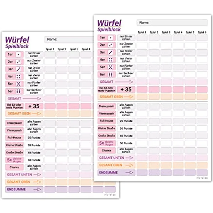 PICTALOO Würfelspiel Block DIN A5, rosa lila, gut lesbar, 50 Blatt für 300 Spiele, ideal für Senioren und Kinder