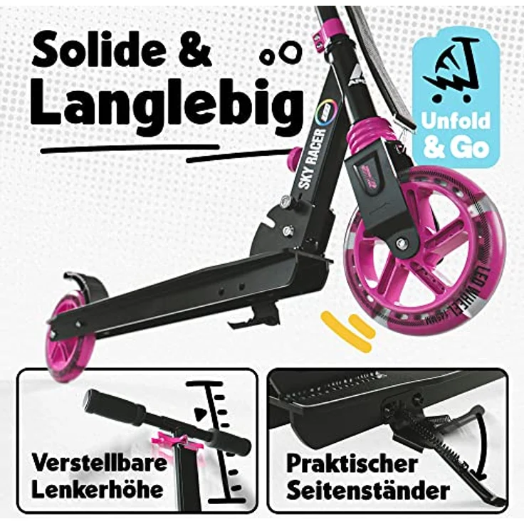 Apollo Scooter LED - Skyracer Led | Klappbarer City Roller mit Federung für Kinder ab 5 Jahren | Verstellbarer Tretroller für Erwachsene - bunt – Bild 2