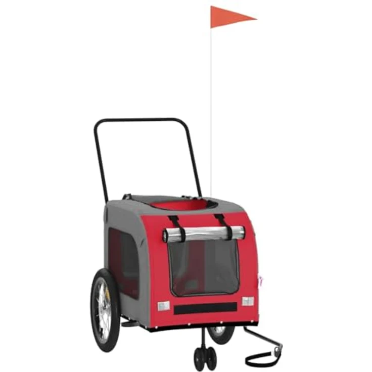 vidaXL Fahrradhundeanhänger Fahrradanhänger Hunde Rot und Grau Oxford-Gewebe und Eisen, belastbare Platte, reflektierende Flagge – Bild 4