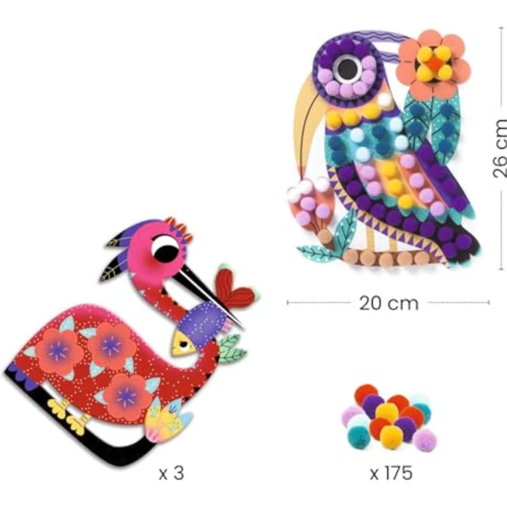 DJECO Kreativset Bastelpackung Vögel, Collagen mit selbstklebenden bunten Bommel, für Kinder ab 3 Jahren – Bild 4