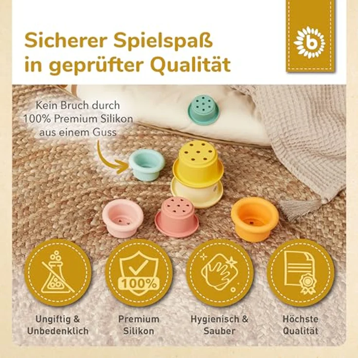 BIECO Silikon Stapelbecher Tropical Vibes, 7-teiliges Set aus lebensmittelechtem Silikon für Kinder ab 12 Monaten, fördert motorische Fähigkeiten – Bild 5