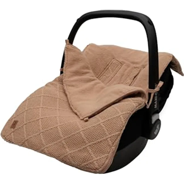 Jollein Fußsack Check Knit Biscuit, Strickmuster mit Fleece Futter für Babyschale Gruppe 0+ und Kinderwagen, passend für 3- und 5-Punkt-Gurt