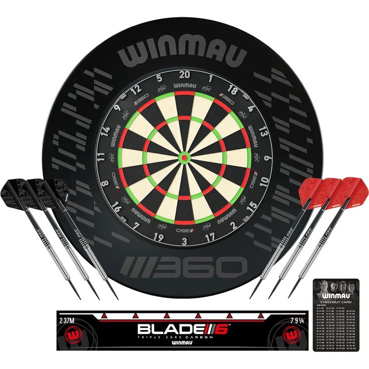 Winmau Dartboard "Blade 6 TC 360°", Steeldartscheibe mit Triple Core Technologie und Zubehör-Set inkl. Catch-Ring, Oche und 6 Tungsten-Pfeilen