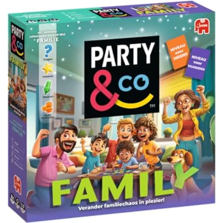 Jumbo Party & Co. Family, Brettspiel für die ganze Familie, ab 8 Jahren, Wendespielbrett für kurze oder lange Spielrunden