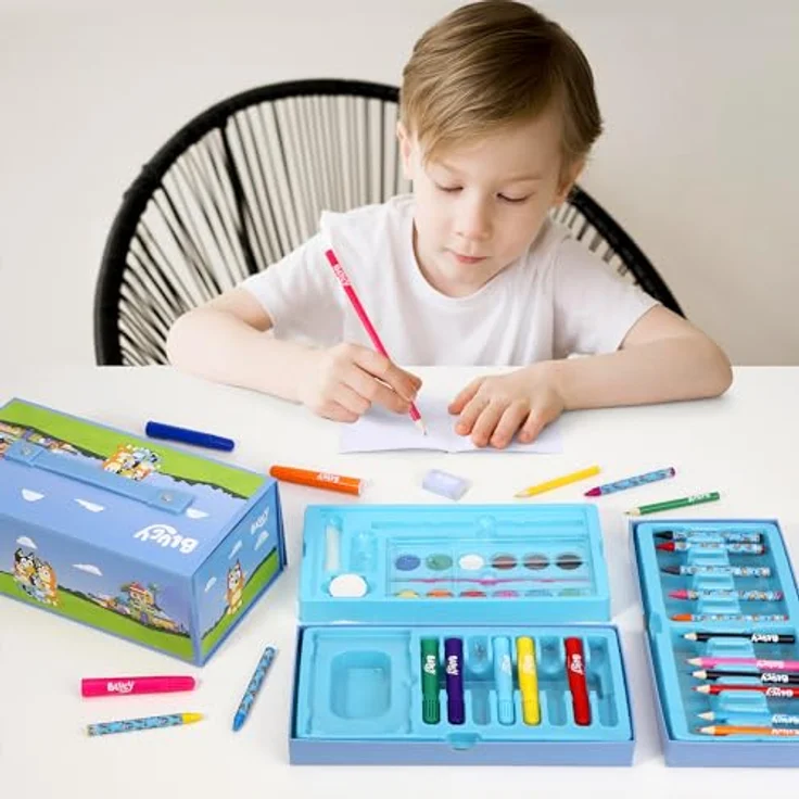 Bluey Farbkasten Mal- & Schreibwaren Set, Farbenfrohes Pastellfarben Koffer mit Buntstiften, Filzstiften und Wasserfarben – Bild 4