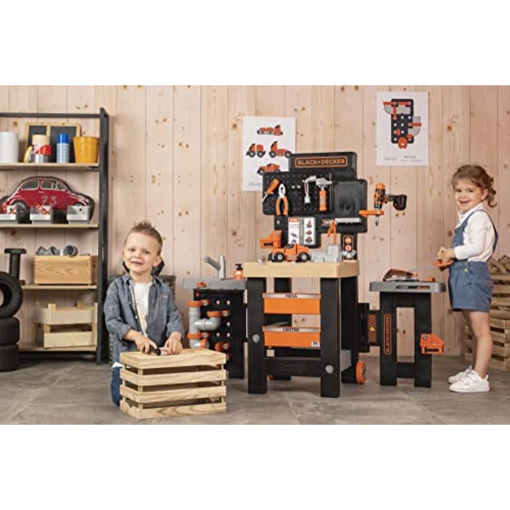 Smoby Toys - Black+Decker Mega Werkbank Center (100 Teile) - Spielzeug-Werkstatt für Kinder ab 3 Jahren mit Werkzeug, Nagelbrett, Autobausatz & mechanischem Akkuschrauber – Bild 7