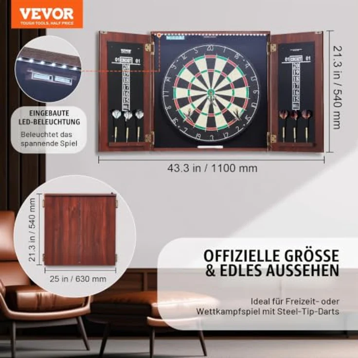 VEVOR Dartboard- und Schrankset, offizielles Dartboard mit Stahlspitzen und retro Design, inkl. LED-Beleuchtung und kompletter Ausstattung – Bild 2