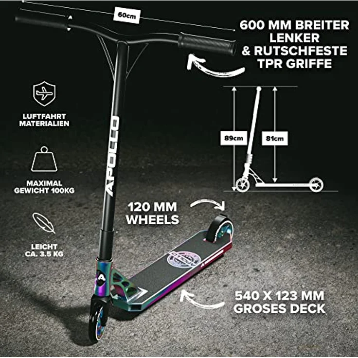 Apollo Stuntscooter Stunt Scooter Genesis Pro X Competition - Freestyle Tricks, PU-Wheels mit Alu Core, ABEC 9 Kugellager, 360° T-Lenker, High End Roller – Bild 4