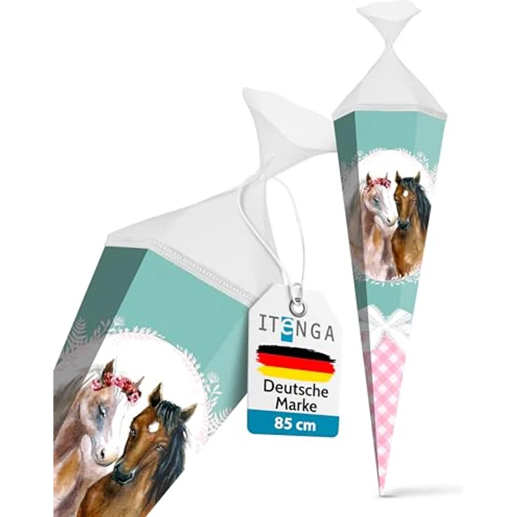 itenga Schultüte Mädchen 85cm, eckig mit Tüllverschluss, stabile Zuckertüte mit Motiven (Einhorn, Pferd, Meerjungfrau) – Bild 3
