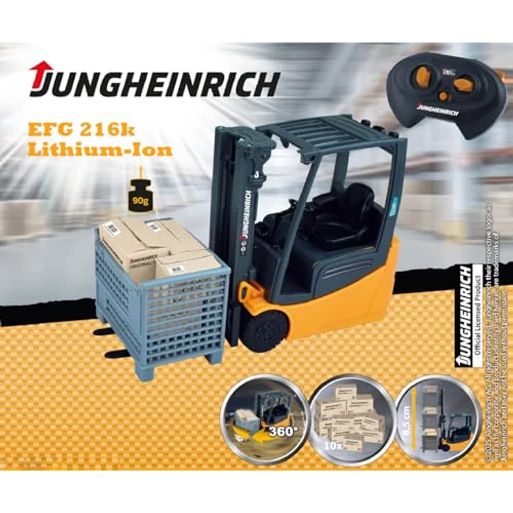 Happy People RC Jungheinrich Gabelstapler EFG 216k, 1:16 mit voller Lenk- & Fahrfunktion, beweglicher Gabel, 2,4 GHz, inkl. Palette & Kartons, ab 8 Jahren – Bild 2