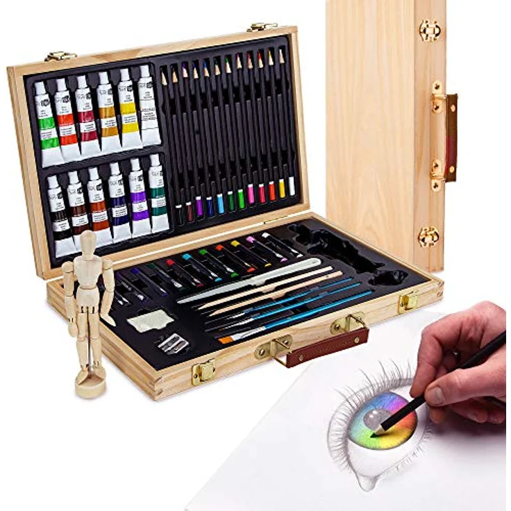 Artina Kreativset Leonardo, 45tlg. Malset mit 12 Acrylfarben, 12 Buntstiften und Gliederpuppe im Holzbox – Bild 8