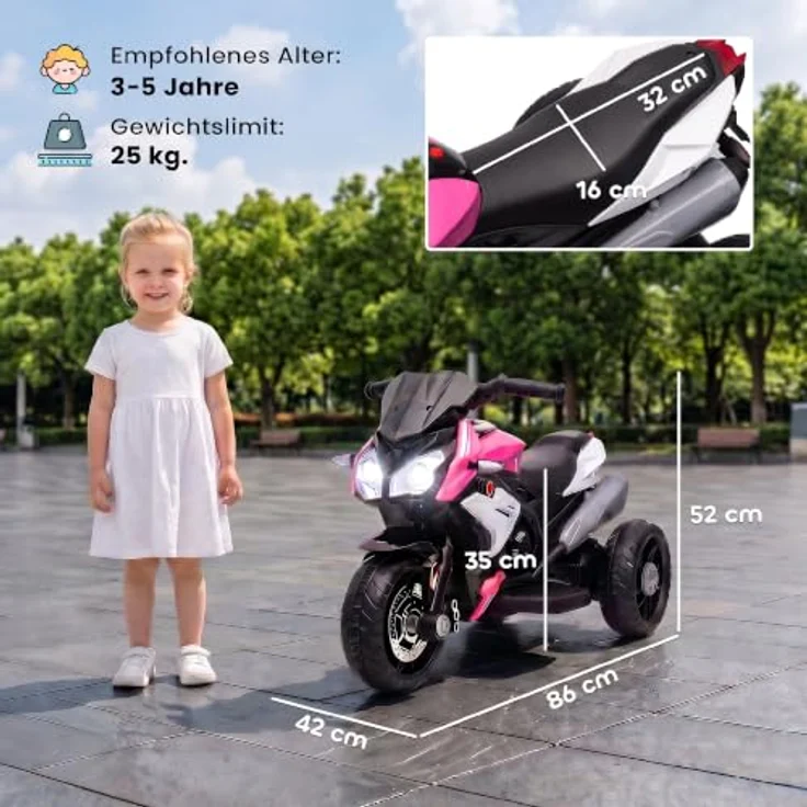 HOMCOM Elektro Kindermotorrad, rosa, mit Musik, Scheinwerfer, Vorwärts- und Rückwärtsfahrt, für 3-5 Jahre – Bild 7