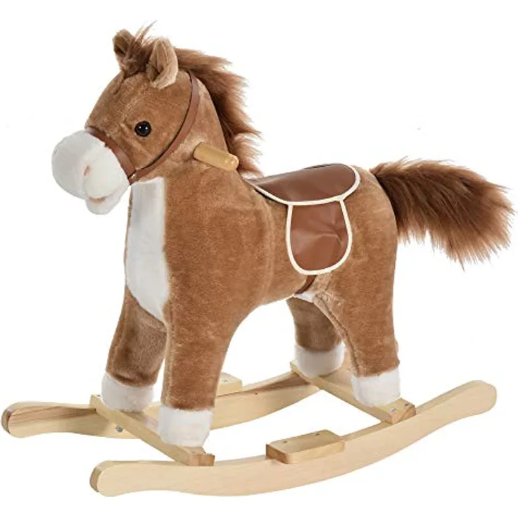 HOMCOM Kinder Schaukelpferd Baby Schaukeltier Pferd mit Tiergeräusche Spielzeug Haltegriffe für 36-72 Monate Plüsch Braun 65 x 32,5 x 61 cm