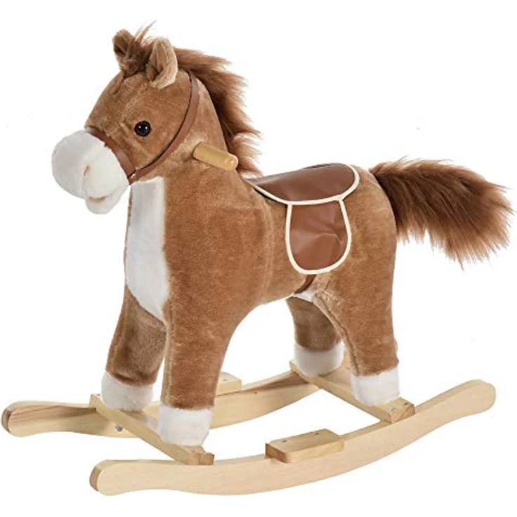 HOMCOM Kinder Schaukelpferd Baby Schaukeltier Pferd mit Tiergeräusche Spielzeug Haltegriffe für 36-72 Monate Plüsch Braun 65 x 32,5 x 61 cm – Bild 1