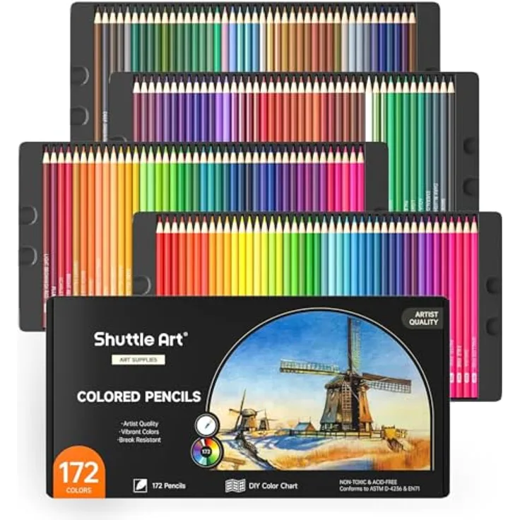 Shuttle Art 172 Buntstifte Set, 172 Farben inkl. 12 Metallfarben, bruchfeste Holzstifte für Färben und Skizzieren