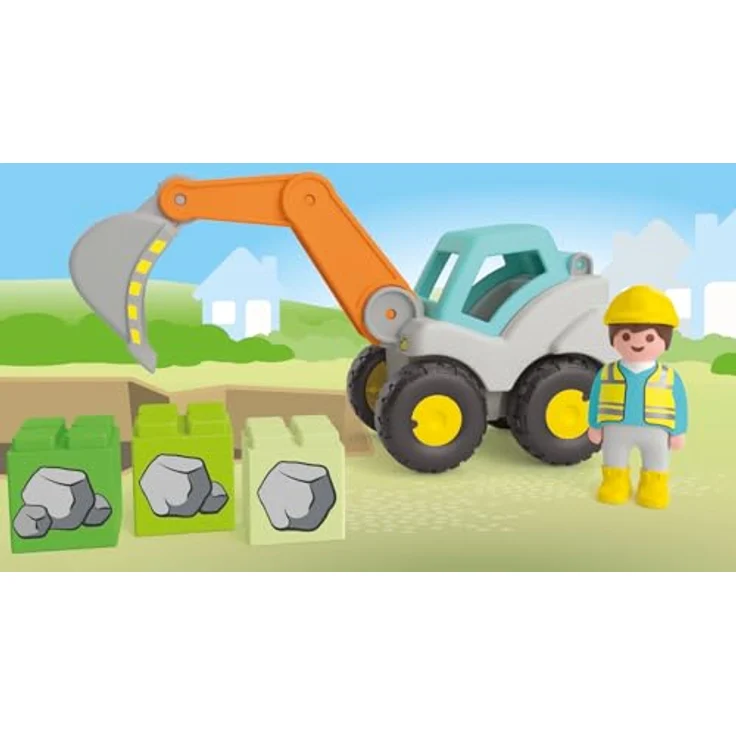 PLAYMOBIL® 71684 Schaufelbagger - Playmobil Junior mit beweglichem Schaufelarm, 1 Bauarbeiterfigur, 3 Bausteine und Warndreieck – Bild 3