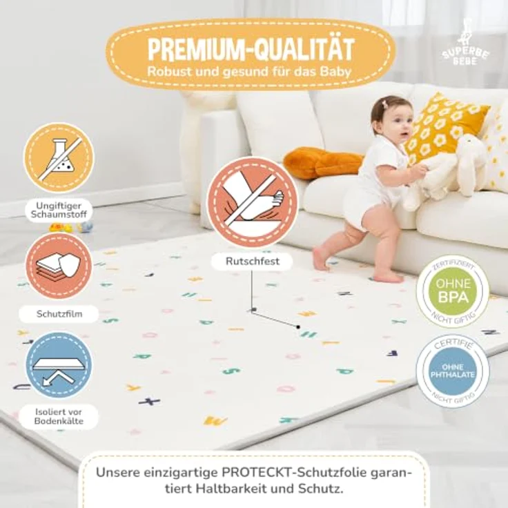 SUPERBE BEBE Krabbelmatte Faltbar 180x200x1.5cm, Wasserdicht, Ökologisch, Rutschfest, Umkehrbar, Mit Buchstaben und Zahlen für Babys und Kinder – Bild 5
