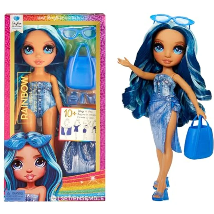 Rainbow High Swim & Style - Skyler (Blau) - 28 cm Große Puppe mit Schimmerndem Pareo, auf 10+ Arten zu tragen - Ausziehbarer Badeanzug, Sandalen, Spielzubehör